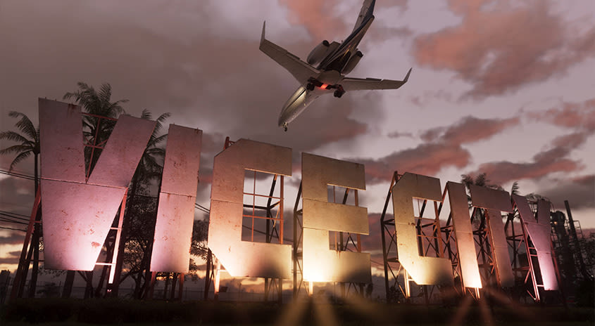 Ein Jet fliegt über ein Schild hinweg, auf dem Vice City steht.