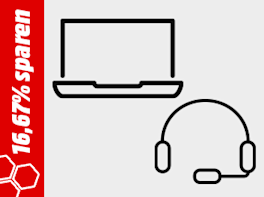Notebook & Headset. Symbol für Aktionsmodelle aus dem Bereich "Computer & Büro" bei denen man jetzt 16,67% sparen kann.