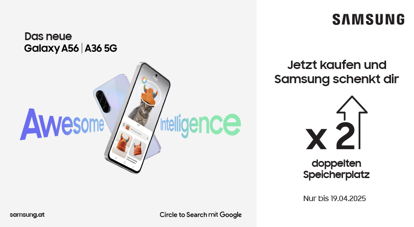 Das Samsung Galaxy A56 wird beworben. Es zeigt ein Smartphone mit einer Katze auf dem Bildschirm. Das Angebot gilt bis zum 19.04.2025.