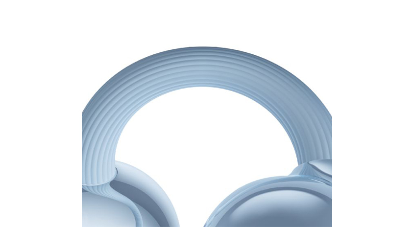  Detailansicht eines hellblauen Over‑Ear-Kopfhörers mit Fokus auf dem gepolsterten Kopfbügel.