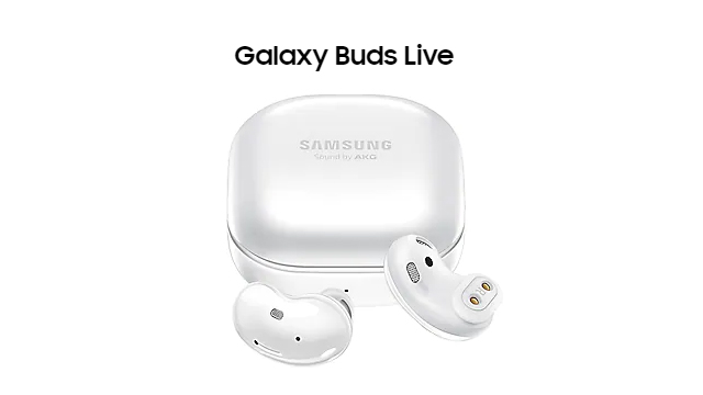 Weiße Galaxy Buds Live mit Ladeetui vor einem weißen Hintergrund.