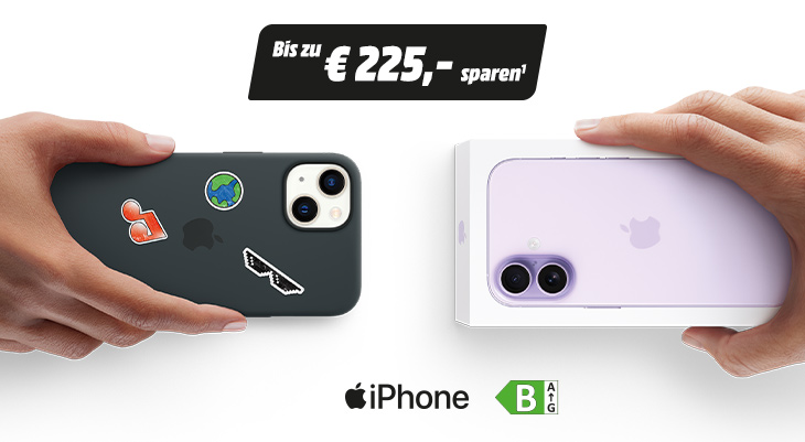 iPhone Trade‑In: bis zu 225,- sparen; zeigt Tausch altes iPhone gegen iPhone‑17‑Box; Effizienz B/A↑G.