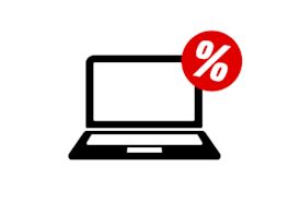 Schwarzes Symbol eines Notebooks. Ein rotes Prozentzeichen auf dem Bild soll ein Hinweis auf Angebote im Bereich "Notebook, Monitor & Tablets" sein.