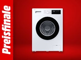 Bild mit rotem Hintergrund. Links steht: Preisfinale, daneben das Produktbild einer Waschmaschine.