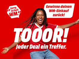 Bild mit Frau im Fußballtrikot und Hinweis auf Gewinnspiel zum WM-Einkauf