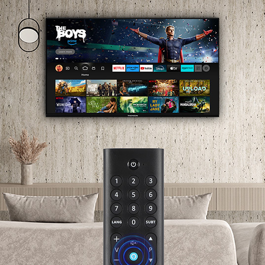 Ein Fernseher zeigt eine Menüauswahl mit einer schwarzen Fernbedienung davor, die auf einem beigen Sofa platziert ist.