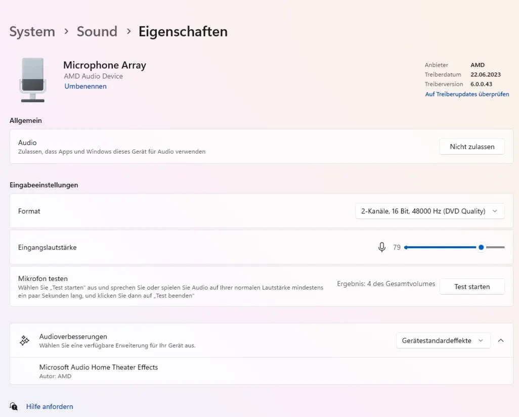 Windows-Soundeinstellungen zeigen Mikrofon-Array-Eigenschaften und Audiokonfiguration.