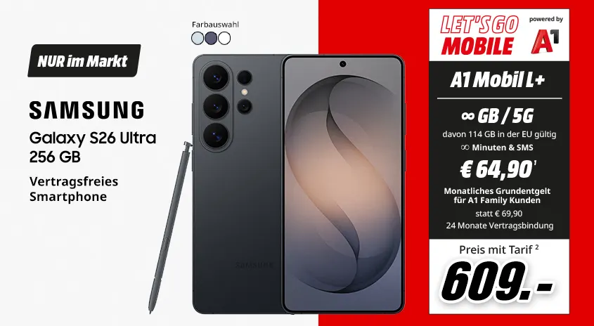 Samsung Galaxy S26 Ultra, 265 GB, verschiedene Farben, vertragsfrei im Markt, mit Let's Go Mobile powered by A1 Mobil L+ Tarif um € 609,-