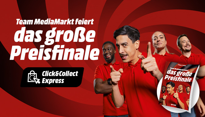 Roter Hintergrund mit weißem Text "Team MediaMarkt feiert das große Preisfinale" und "Click&Collect Express"-Logo. Angebotsbroschüre im Vordergrund.