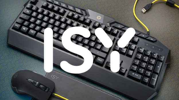 Eine schwarze Tastatur, eine Maus und ein gelbes Kabel liegen auf einem Tisch.