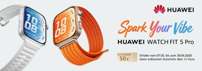 Zwei Huawei Watch Fit 5 Pro Smartwatches mit weißem und orangefarbenem Armband. Kampagne „Spark Your Vibe". Gutschein 50€ Rabatt, gültig bis 30.06.2026.