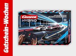Werbebanner zu den Gutschein-Wochen mit einer Carrera "Hybrid" Rennbahn vor grauem Hintergrund