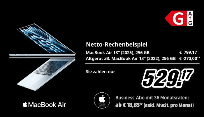 Werbebild für "MacBook Air" auf schwarzem Hintergrund. Links ein geöffnetes silbernes MacBook Air mit Bildschirm nach oben links, darunter Apple‑Logo und Schriftzug "MacBook Air". Rechts ein Textblock "Netto‑Rechenbeispiel" mit Preisen: "MacBook Air 13" (2025), 256 GB €799,17; Altgerät z. B. MacBook Air 13" (2022), 256 GB -€270,00". Hervorgehobener Endpreis "529,17". Hinweis: "Business‑Abo mit 36 Monatsraten: ab €18,85* (exkl. MwSt. pro Monat)" und kleines Apple Financial Services‑Logo. Oben rechts rotes Effizienzlabel mit dem Buchstaben "G".