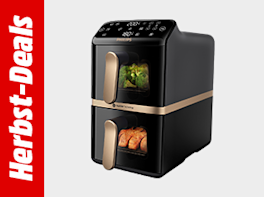Herbst-Deals. Daneben die Produktabbildung eines Airfryers