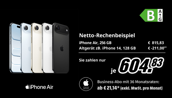  Werbebild für "iPhone Air" auf schwarzem Hintergrund. Links fünf nebeneinander stehende iPhones in verschiedenen Farben, darunter Apple‑Logo und Schriftzug "iPhone Air". Rechts ein Textblock mit der Überschrift "Netto‑Rechenbeispiel" und Preisen: "iPhone Air, 256 GB €815,83; Altgerät z. B. iPhone 14, 128 GB -€211,00*". Hervorgehobener Endpreis "je 604,83". Hinweis: "Business‑Abo mit 36 Monatsraten: ab €21,14* (exkl. MwSt. pro Monat)" und kleines Apple Financial Services‑Logo. Oben rechts ein grünes Effizienzlabel mit dem Buchstaben "B".
