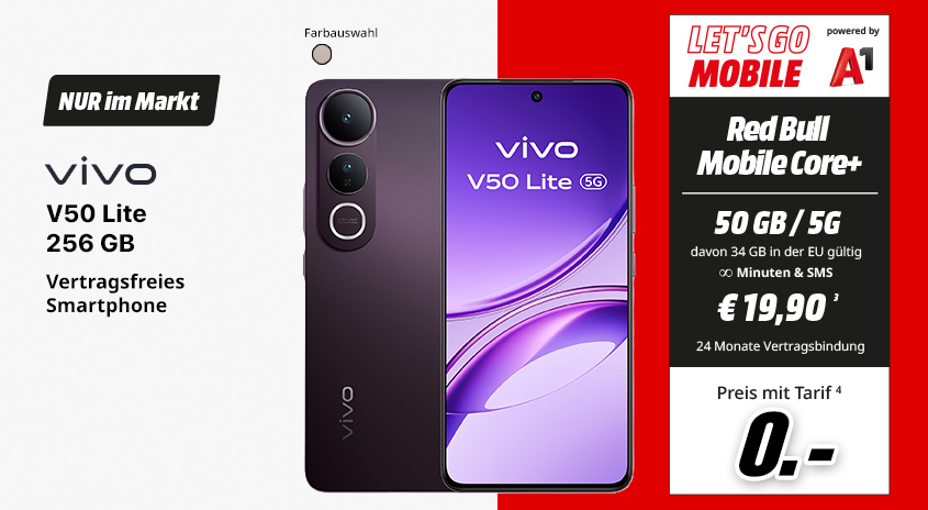 vivo V50 lite, 256 GB, verschiedene Farben, vertragsfrei im Markt, mit Red Bull MOBILE Core+ Tarif um  € 0,-