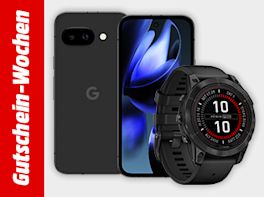 Werbebanner zu den Gutschein-Wochen mit zwei Produkten vor grauem Hintergrund: Smartphone und Smartwatch