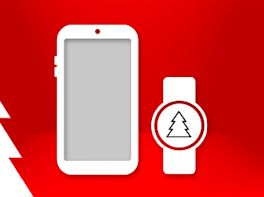Weißes Piktogramm eines Smartphones und einer Smartwatch vor weihnachtlich-rotem Hintergrund.