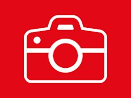 Bild mit rotem Hintergrund, darauf ein Piktogramm in weiß von einer Kamera