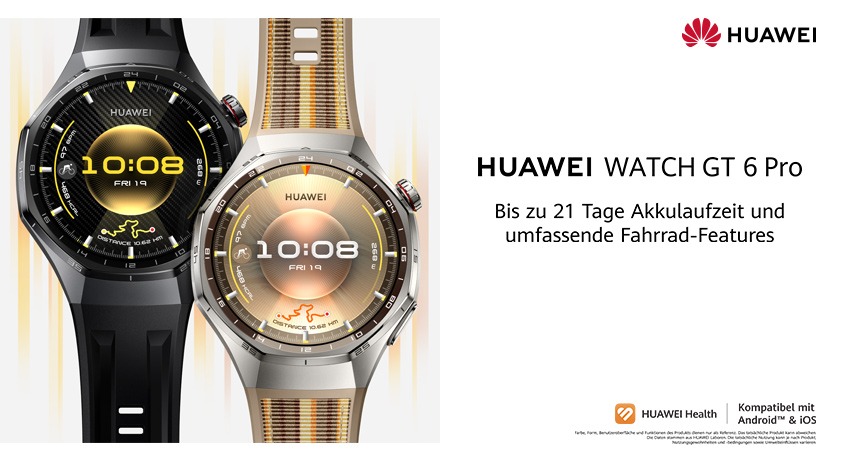 Werbegrafik mit zwei Huawei Watch GT 6 Pro Smartwatches in Schwarz und Gold, daneben Text: „Bis zu 21 Tage Akkulaufzeit und umfassende Fahrrad-Features“.