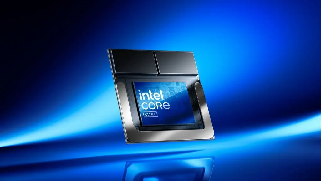 Intel Core Ultra Prozessor auf blauem Hintergrund