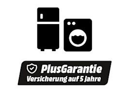 Piktogramm eines Kühlschranks und einer Waschmaschine. Darunter ein Einklinker mit dem Text: PlusGarantie. Versicherung auf 5 Jahre