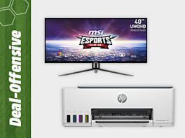 Produktbild von einem breiten MSI-Gaming-Monitor und einem weißen HP-Drucker