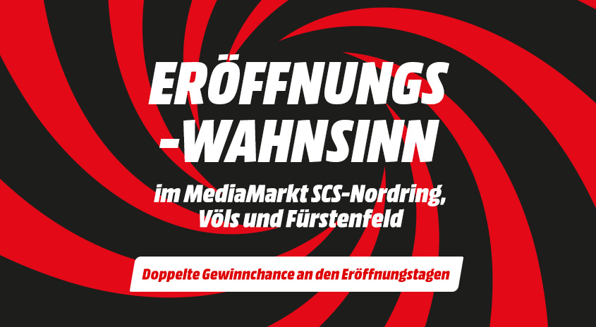 Roter und schwarzer Wirbel-Hintergrund mit weißem Text: "ERÖFFNUNGS-WAHNSINN" und Details zum MediaMarkt.
