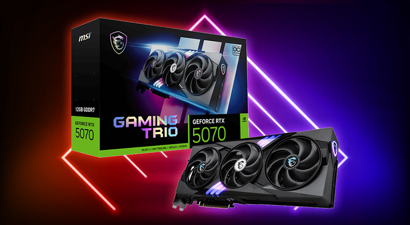 Eine Grafikkarte "Geforce RTX 5070" und ihre Verpackung vor Neonlinien in Violett und Rot.