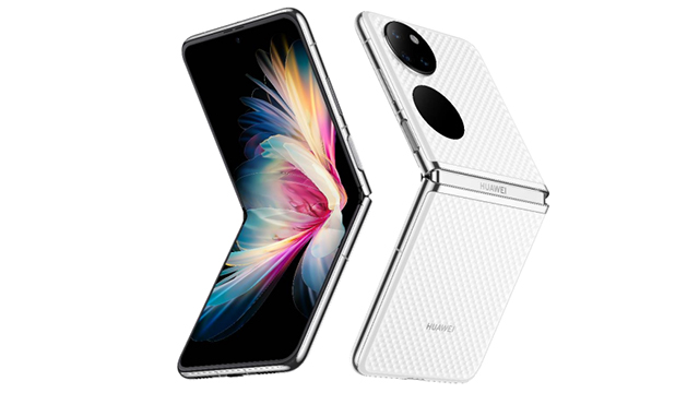 Ein faltbares, weißes Smartphone mit zwei schwarzen Kameraobjektiven auf der Rückseite und einem farbigen Display.