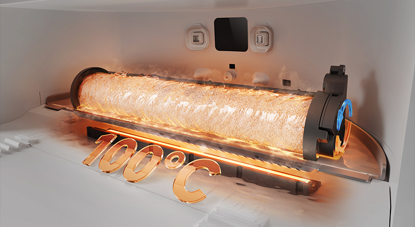 Bürstenwalze eines Saugroboters wird mit 100 °C heißem Dampf zur hygienischen Reinigung erhitzt.