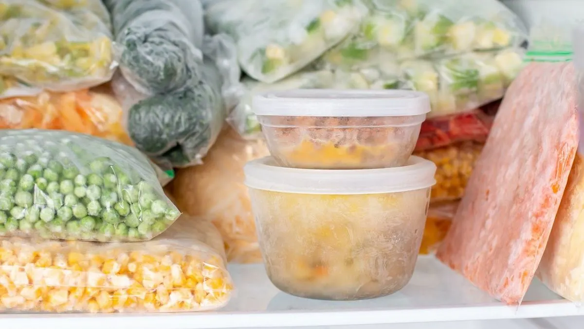 Blick in einen Tiefkühler mit verschiedenem Gemüse und Gerichten tiefgekühlt.