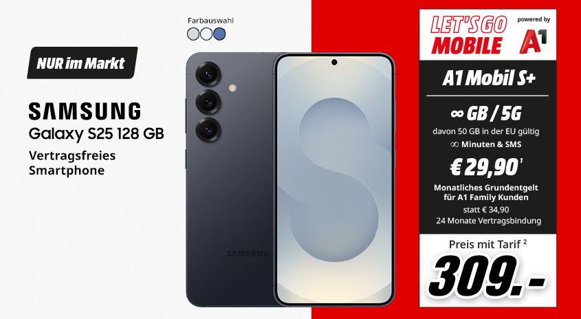 Samsung Galaxy S25, 128 GB, verschiedene Farben, vertragsfrei im Markt, mit A1 Mobil S+ Tarif um  € 309,-