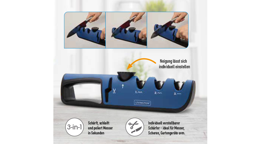 Blauer 3-in-1 Messerschärfer mit einstellbarer Neigung, geeignet für Messer, Scheren und Gartengeräte. Schärft, schleift und poliert.