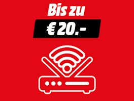 Roter Hintergrund mit Text: Bis zu € 20,-. Darunter ein Iconbild von einem Router.