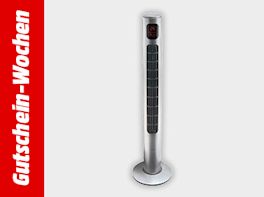 Werbebanner zu den Gutschein-Wochen mit einem Standventilator vor grauem Hintergrund