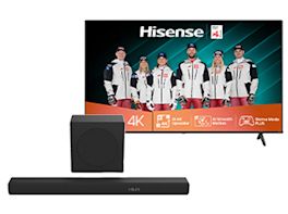 Hisense-Fernseher mit 4K-Logo; auf dem Bildschirm fünf Personen in weißen Jacken; davor eine Soundbar und ein Subwoofer.