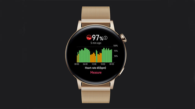 Nahaufnahme einer goldenen Smartwatch mit grafischer Anzeige von Herzfrequenzdaten auf schwarzem Hintergrund.