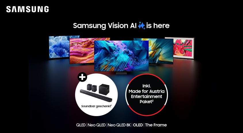 Mehrere Samsung-Fernseher zeigen farbenfrohe Bilder. Im Vordergrund: Soundbar-Angebot und "Made for Austria Entertainment Paket".