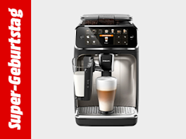 Kaffeevollautomat vor weißem Hintergrund. Links davon in einem roten Balken und weißer Schrift steht: Super-Geburtstag.