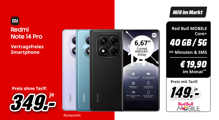 Werbung für Redmi Note 14 Pro: Smartphones in Weiß, Blau, Schwarz mit 6,67"-Display, ab 349 € ohne Vertrag.