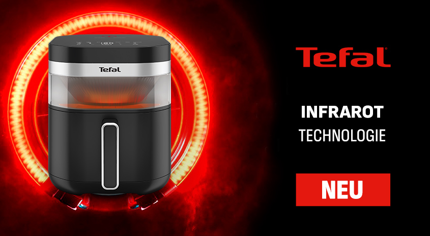 Tefal Heißluftfritteuse mit Infrarot-Technologie, leuchtender roter Ring, Schriftzug „NEU“.