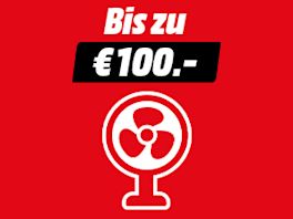 Roter Hintergrund mit Text: Bis zu € 100,-. Darunter ein Iconbild von einem Ventilator.