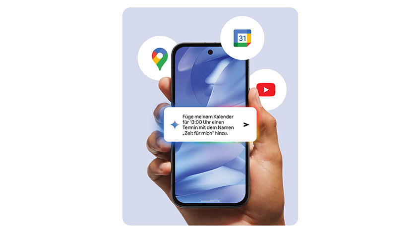 Eine Hand hält ein Smartphone mit Kalender-App-Benachrichtigung auf blauem Hintergrund mit App-Symbolen.