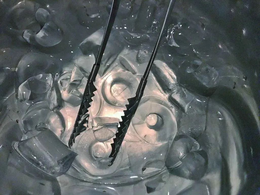 Eiszange greift Eiswürfel in einem Behälter mit schmelzendem Eis und Wasser, Nahaufnahme.