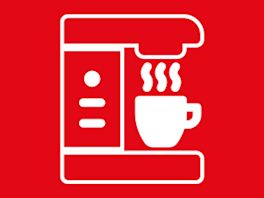 Bild mit rotem Hintergrund, darauf ein Piktogramm in weiß von einer Kaffeemaschine