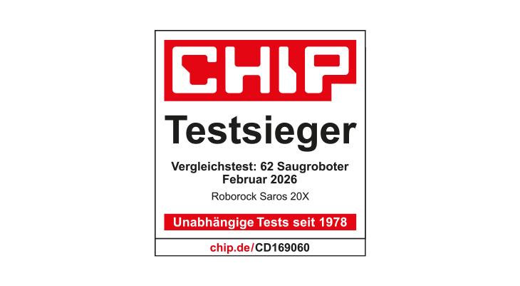  Testsiegel CHIP: „Testsieger“ für Roborock Saros 20X im Vergleichstest von 62 Saugrobotern, Ausgabe Februar 2026, mit Hinweis „Unabhängige Tests seit 1978“.