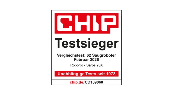 Testsiegel CHIP: „Testsieger“ für Roborock Saros 20X im Vergleichstest von 62 Saugrobotern, Ausgabe Februar 2026, mit Hinweis „Unabhängige Tests seit 1978“.