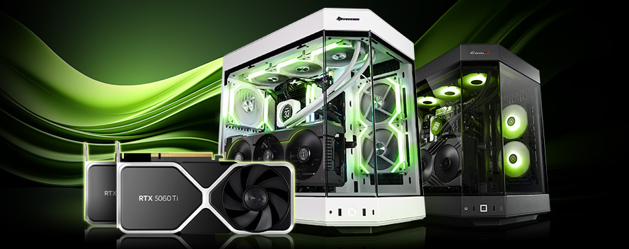 Zwei Computergehäuse mit grüner LED-Beleuchtung und eine RTX 3060 Ti Grafikkarte vor einem grünen Hintergrund.