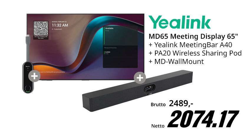 Yealink MD65 Meeting Display 65 Zoll mit lila-türkisem Bildschirmschoner und Raumbelegungsanzeige, davor USB-Dongle, MeetingBar A30 Soundbar mit Doppelkamera, PA20 Wireless Sharing Pod und Fernbedienung, jeweils mit Plus-Symbolen verbunden, daneben Yealink Logo, Produktbezeichnung mit Zubehör (MeetingBar A40, PA20 Wireless Sharing Pod, MD-WallMount) sowie Bruttopreis 2489 und Nettopreis 2074,17